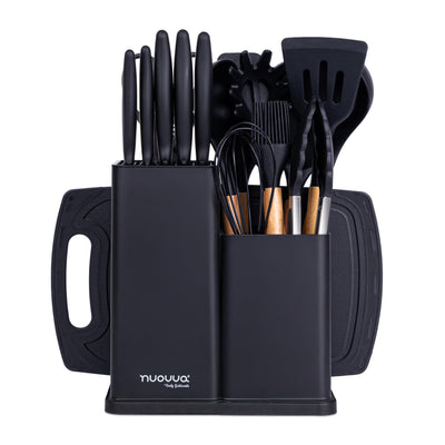 Cooking Utensils Set with Chopping Board – Knife Set with Block – Heat Resistant Silicone Utensils with Wooden Handle, Spoons, Ladles & Spatula – Kitchen Tools & Accessories – 17pcs, Black – by Nuovva