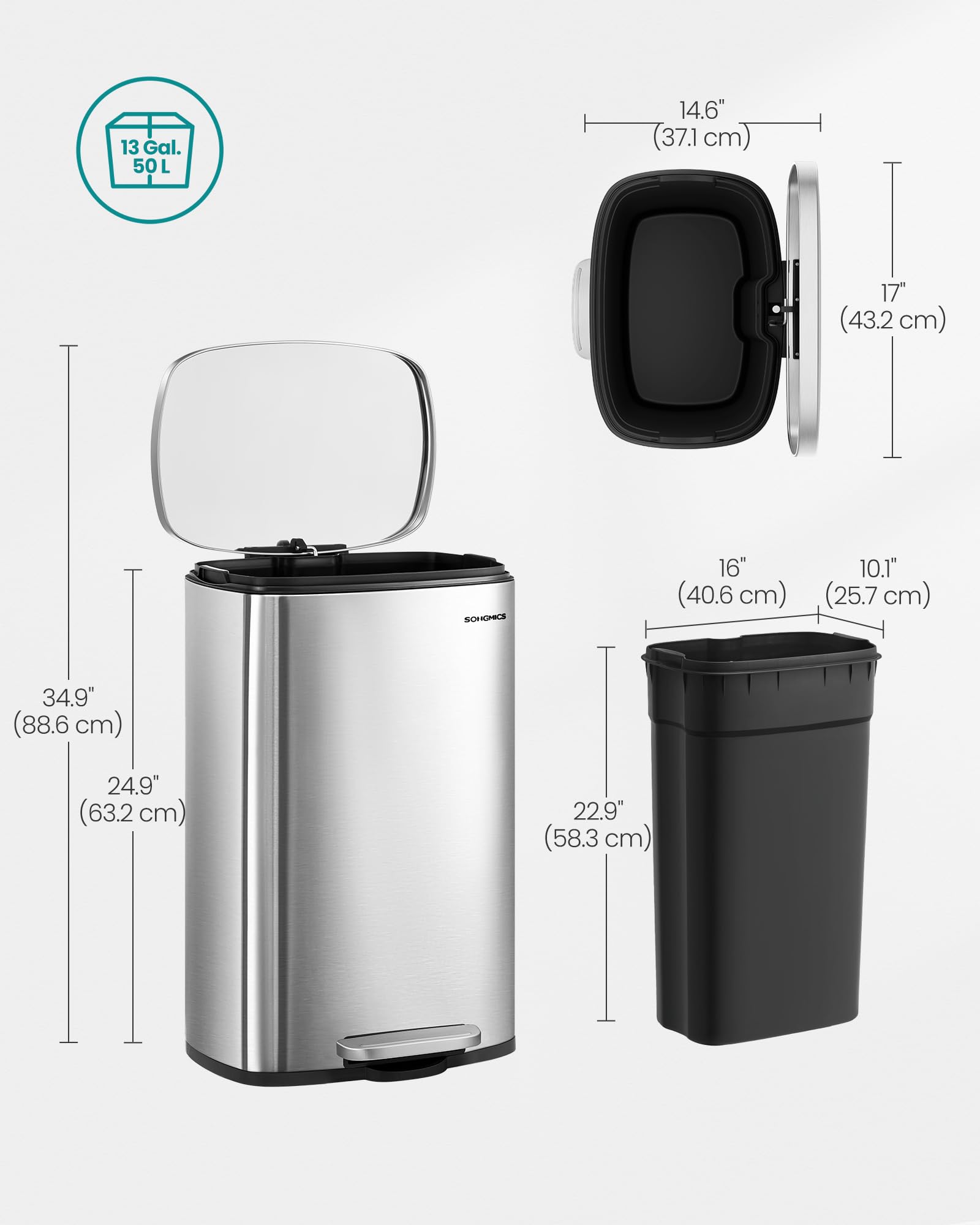 SONGMICS Kitchen Bin 13 Gallon (50 L), Pedal Rubbish Bin, Soft Close, Step-On Pedal, Steel, Inner Bucket, Silver LTB050E01