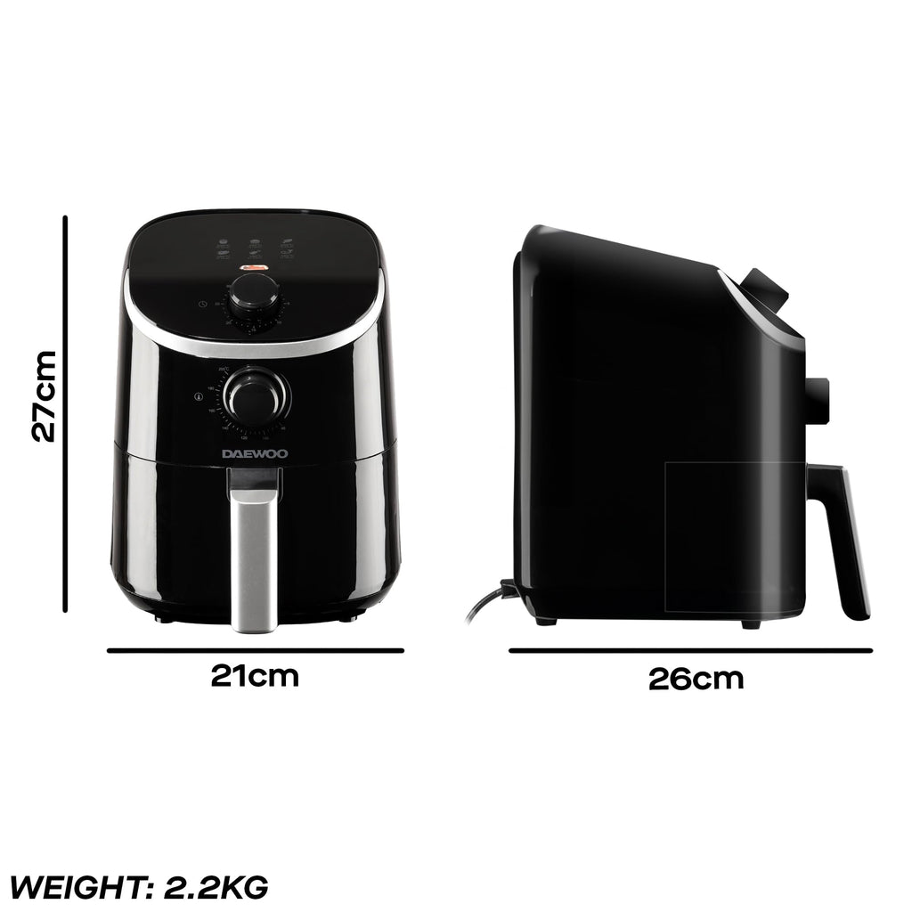 Daewoo 2L Compact Manual Air Fryer – Space-Saving Mini Air Fryer with 80-200°C Temperature Control, 30-Minute Timer, Energy Efficient, Oil-Free Cooking, Healthy Frying for Small Households
