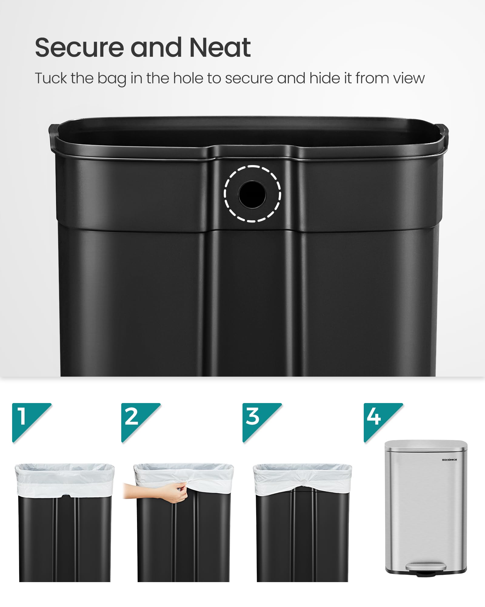 SONGMICS Kitchen Bin 13 Gallon (50 L), Pedal Rubbish Bin, Soft Close, Step-On Pedal, Steel, Inner Bucket, Silver LTB050E01