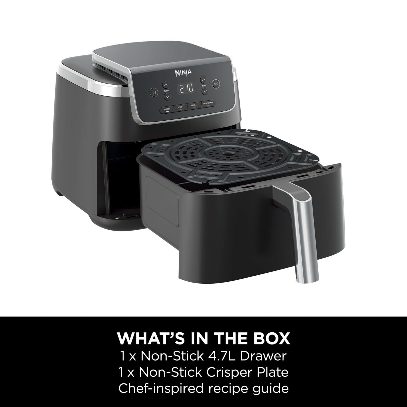 Ninja Air Fryer PRO 4.7L, Single Drawer, 4-in-1, Air Fry, Roast, Reheat, Dehydrate, Cooks 1-2 Portions, Digital, Cook From Frozen, Non-Stick Drawer & Crisper Basket, 1750W , Black AF140UK