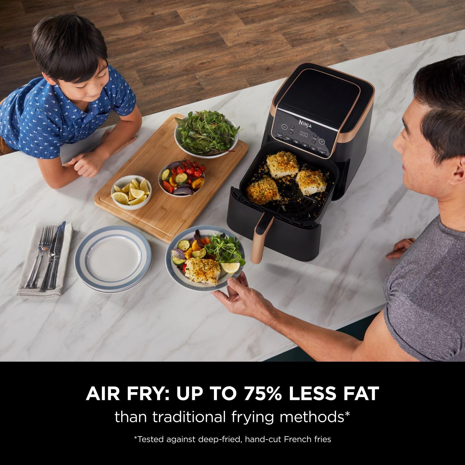 Ninja Air Fryer MAX PRO, 6.2L, Uses No Oil, Large Square Single Drawer, Roast, Bake, Air Fry, Family Size, Non-Stick, Dishwasher Safe Basket & Crisper Plate, Silicone Tongs, Black & Copper, AF180UKCP