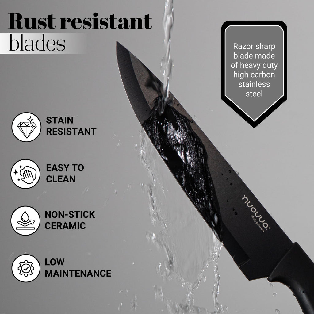 Cooking Utensils Set with Chopping Board – Knife Set with Block – Heat Resistant Silicone Utensils with Wooden Handle, Spoons, Ladles & Spatula – Kitchen Tools & Accessories – 17pcs, Black – by Nuovva