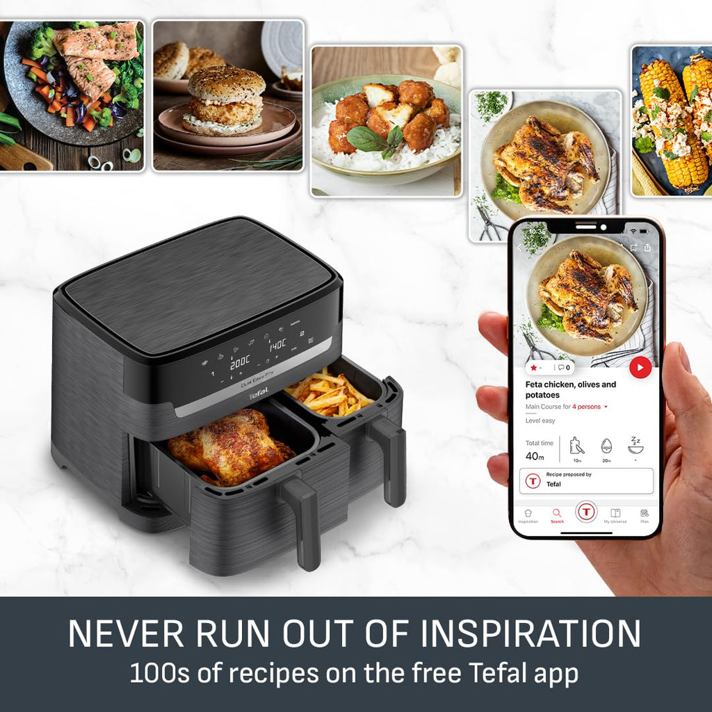 Tefal Easy Fry Dual Zone Digital Air Fryer, 2 Drawers, 8.3L, 8in1, Air Fry, Extra Crisp, Roast, Bake, Reheat, Dehydrate, 6 Portions, Non-Stick, Dishwasher Safe Baskets, Coal Grey - EY901HG0