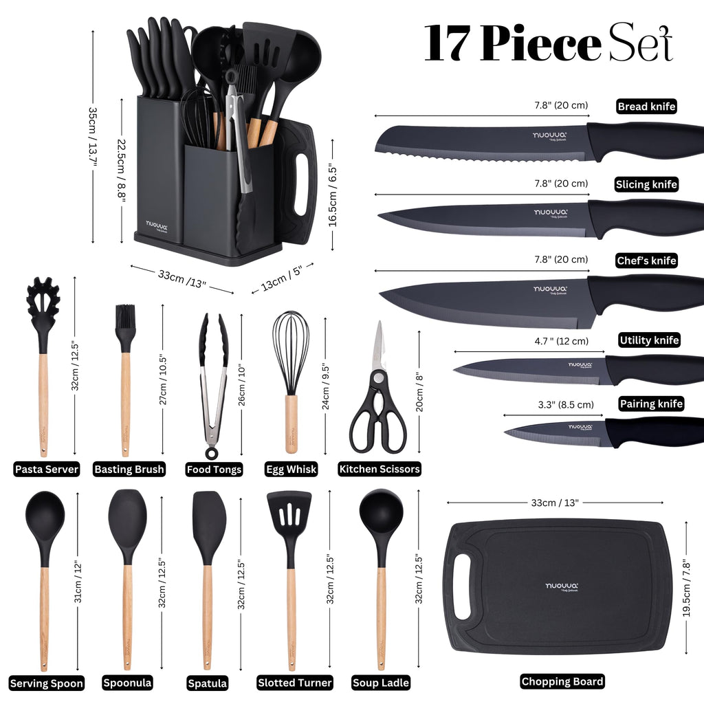 Cooking Utensils Set with Chopping Board – Knife Set with Block – Heat Resistant Silicone Utensils with Wooden Handle, Spoons, Ladles & Spatula – Kitchen Tools & Accessories – 17pcs, Black – by Nuovva