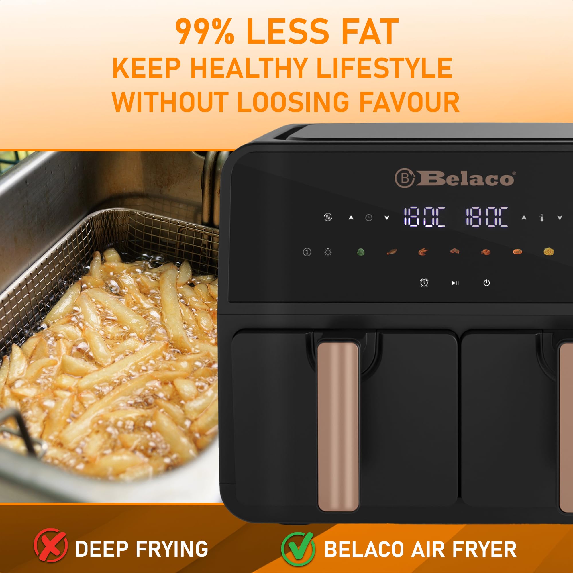Belaco Air Fryer, 9L Dual Zone, Digital Display, Rapid Air Circulation, Air Fryers, 60 Min Timer, Adjustable Temperature, Dishwasher Safe Basket BEL-AF-03 Smart Finish