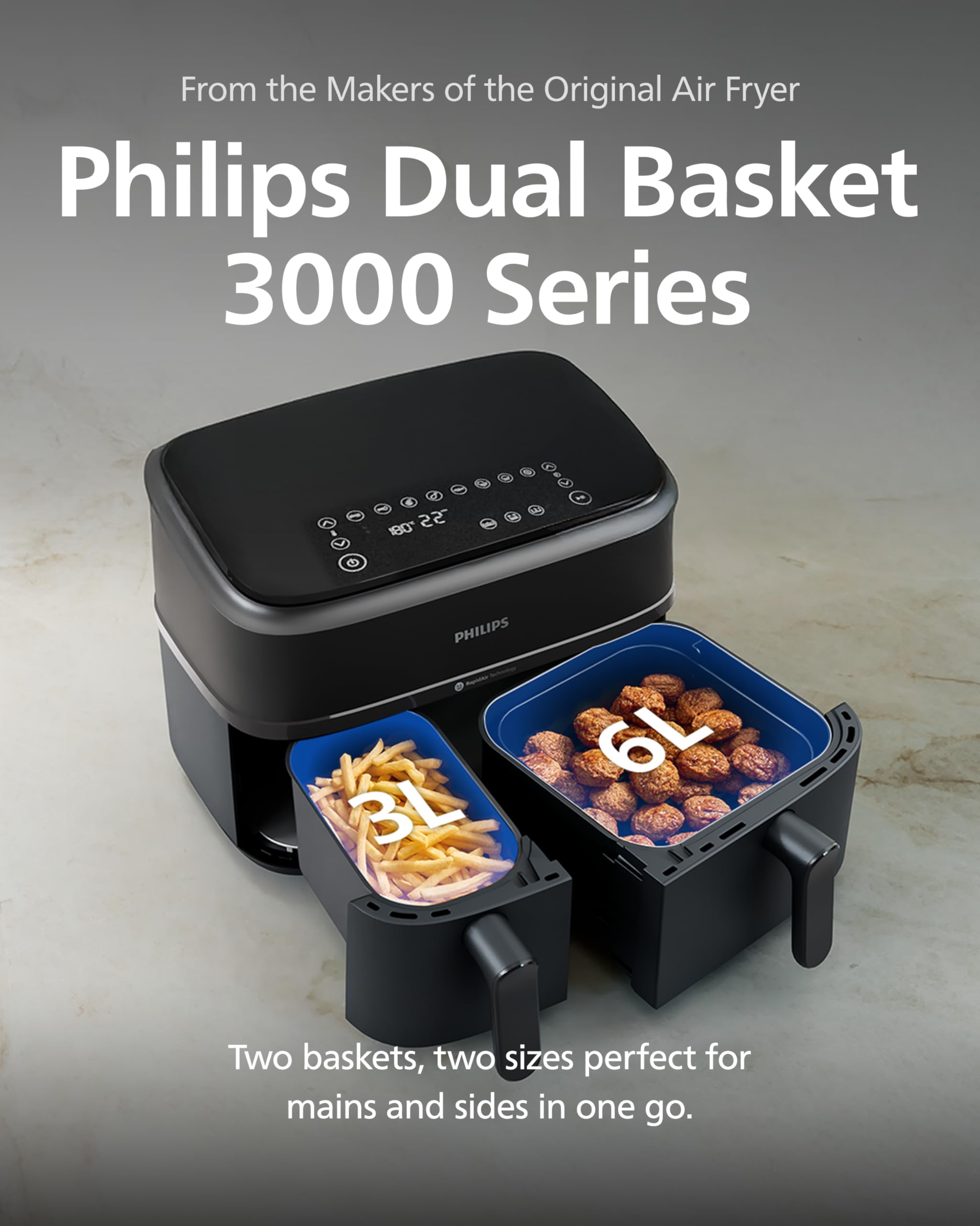 Philips Airfryer 3000 Series Dual Basket - 2 Drawer Air Fryer, 3L + 6L Capacity, RapidAir Plus Technology, 13 Ways to Cook, 90% Less Fat, Easy to Clean, Digital Touchscreen, Energy Saving (NA350/00)