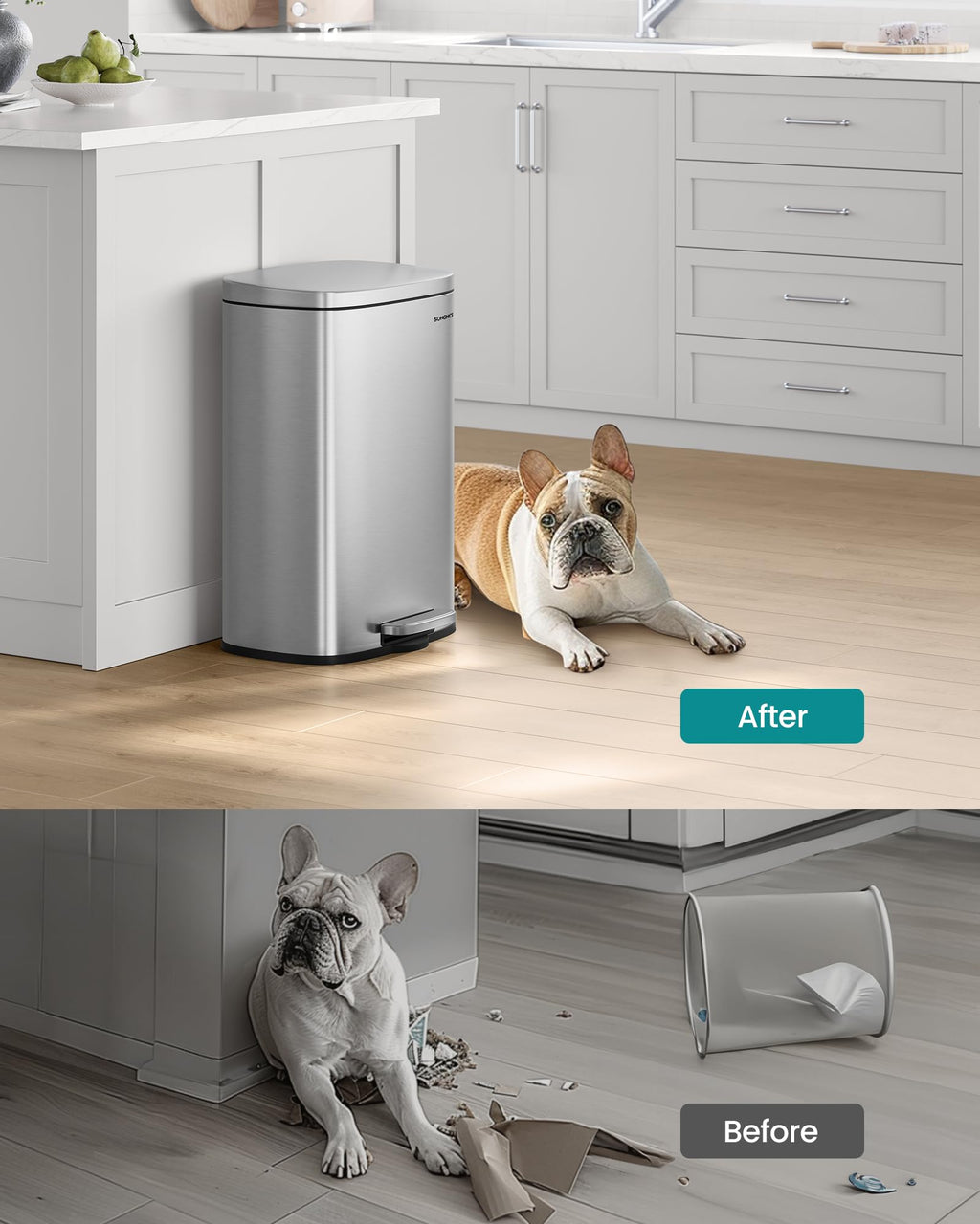 SONGMICS Kitchen Bin 13 Gallon (50 L), Pedal Rubbish Bin, Soft Close, Step-On Pedal, Steel, Inner Bucket, Silver LTB050E01