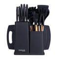Cooking Utensils Set with Chopping Board – Knife Set with Block – Heat Resistant Silicone Utensils with Wooden Handle, Spoons, Ladles & Spatula – Kitchen Tools & Accessories – 17pcs, Black – by Nuovva