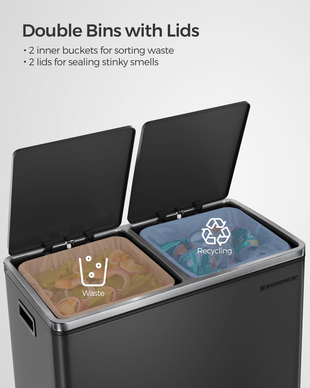 SONGMICS Dual Rubbish Bin, Metal Recycling Bin with 15 Rubbish Bags, 2-Compartment, with Lids, Pedals, Plastic Inner Buckets, Soft Closure, 2 x 8 Gallons (2 x 30 L), Black LTB60BK