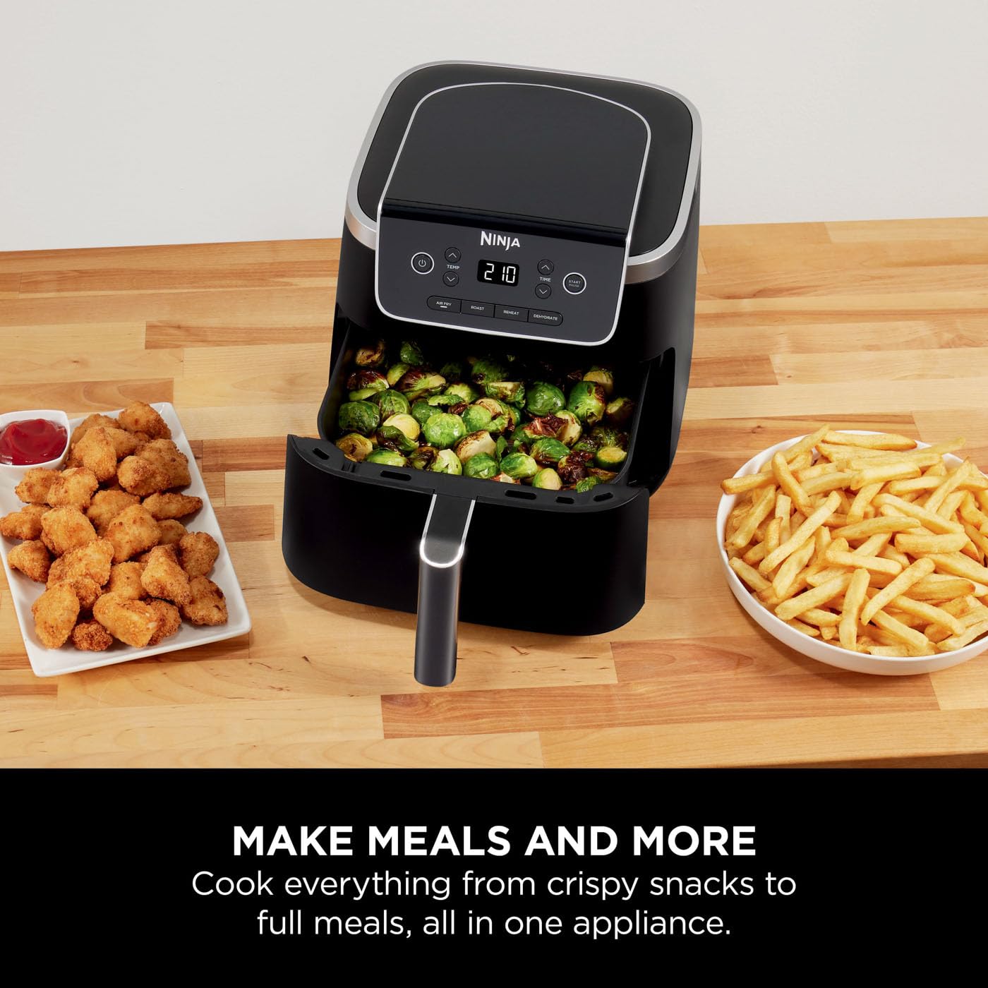 Ninja Air Fryer PRO 4.7L, Single Drawer, 4-in-1, Air Fry, Roast, Reheat, Dehydrate, Cooks 1-2 Portions, Digital, Cook From Frozen, Non-Stick Drawer & Crisper Basket, 1750W , Black AF140UK