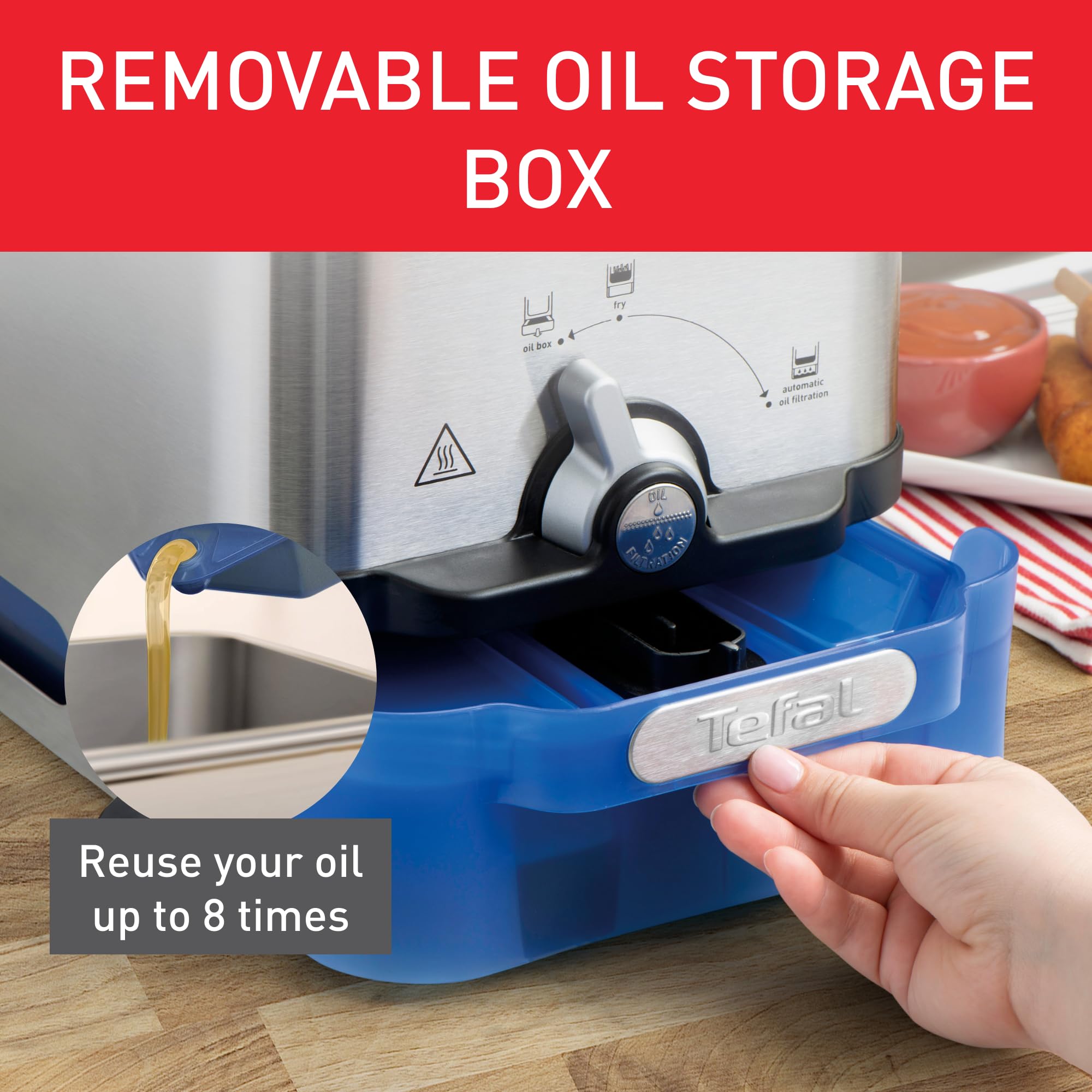 Tefal Oleoclean Pro, 3.5L Oil Capacity, Patented Filtration System, Easy to Clean, 1.2 kg of Food, 6 Portions, 2300W, Stainless Steel with Removable Blue Oil Box - FR804040