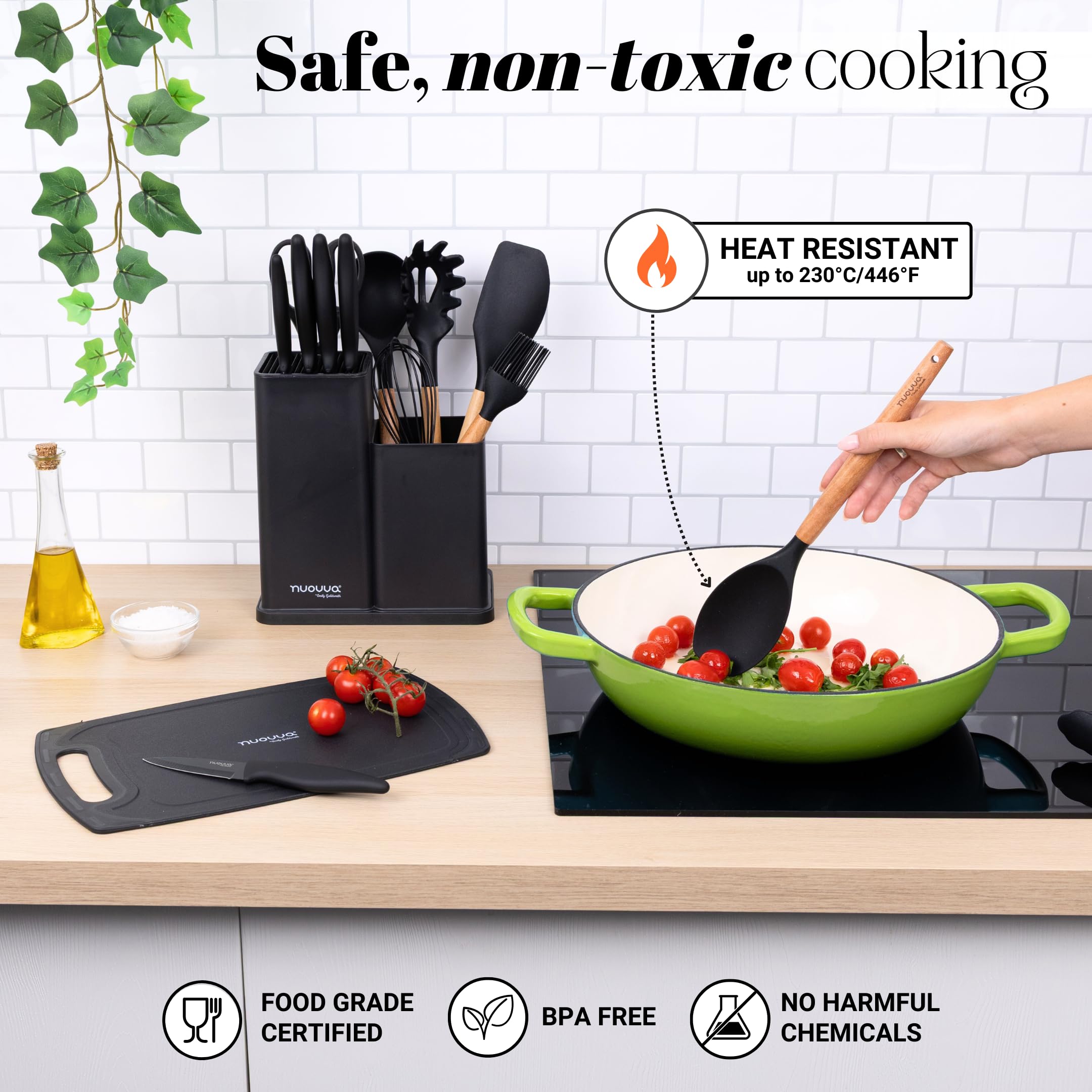 Cooking Utensils Set with Chopping Board – Knife Set with Block – Heat Resistant Silicone Utensils with Wooden Handle, Spoons, Ladles & Spatula – Kitchen Tools & Accessories – 17pcs, Black – by Nuovva