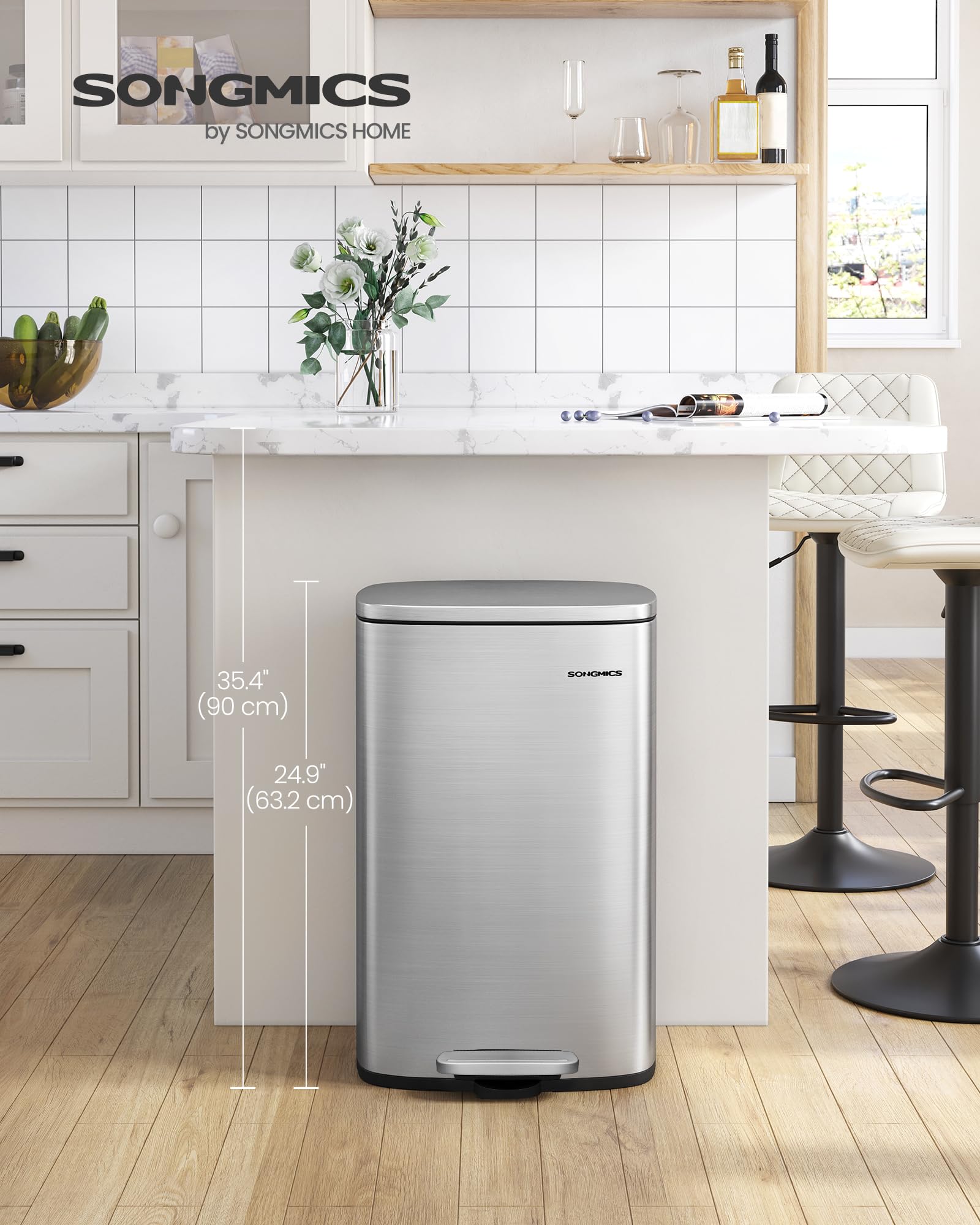 SONGMICS Kitchen Bin 13 Gallon (50 L), Pedal Rubbish Bin, Soft Close, Step-On Pedal, Steel, Inner Bucket, Silver LTB050E01