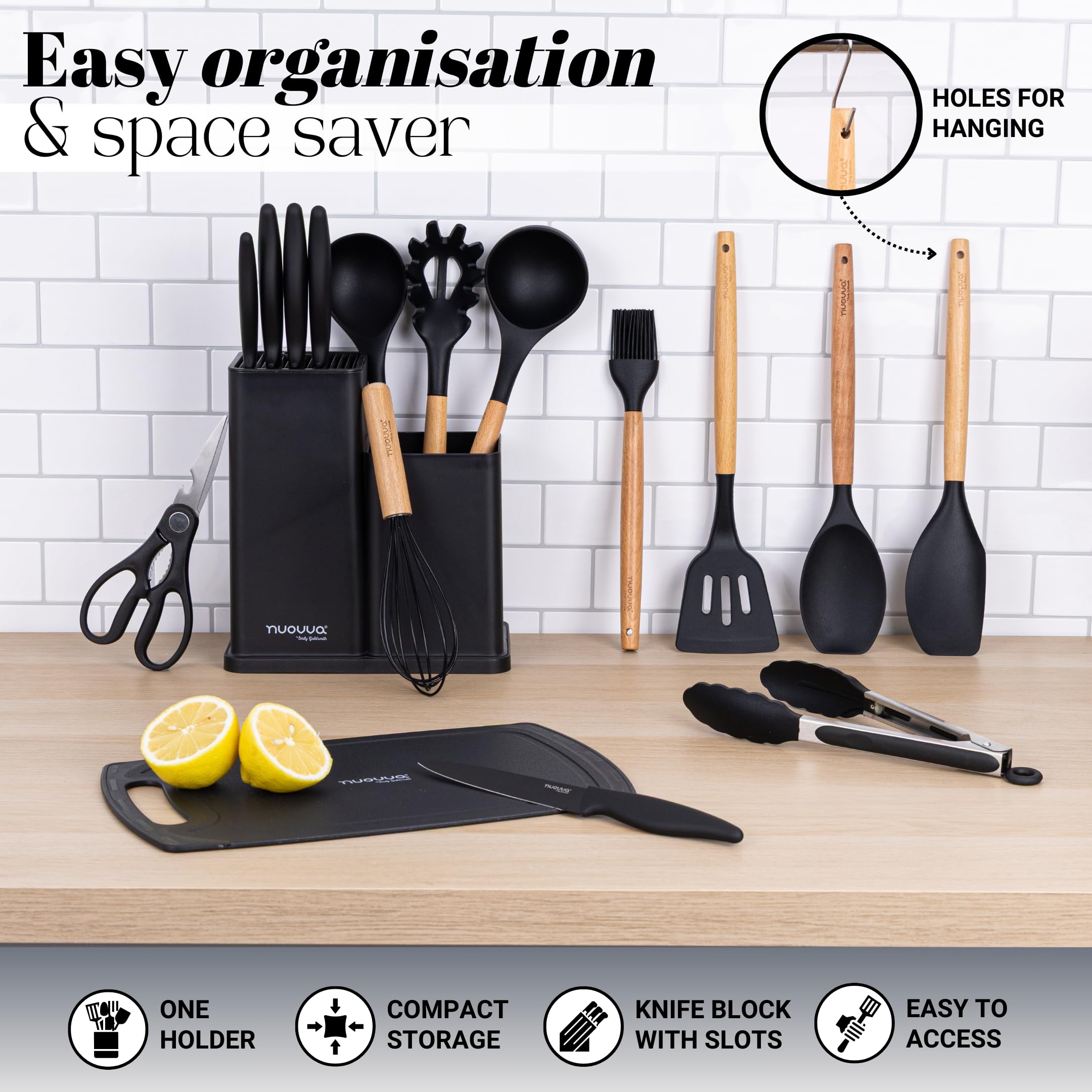 Cooking Utensils Set with Chopping Board – Knife Set with Block – Heat Resistant Silicone Utensils with Wooden Handle, Spoons, Ladles & Spatula – Kitchen Tools & Accessories – 17pcs, Black – by Nuovva