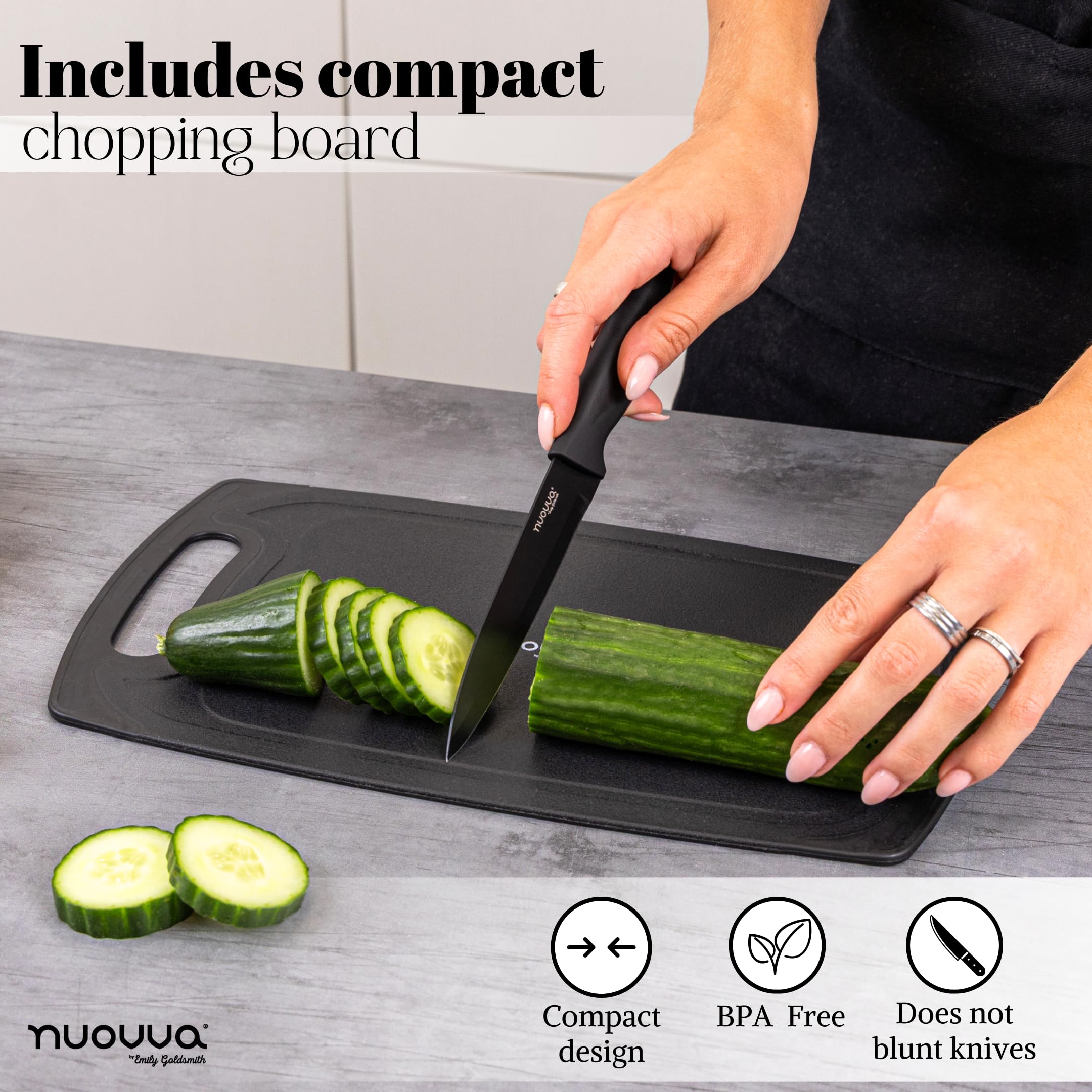 Cooking Utensils Set with Chopping Board – Knife Set with Block – Heat Resistant Silicone Utensils with Wooden Handle, Spoons, Ladles & Spatula – Kitchen Tools & Accessories – 17pcs, Black – by Nuovva